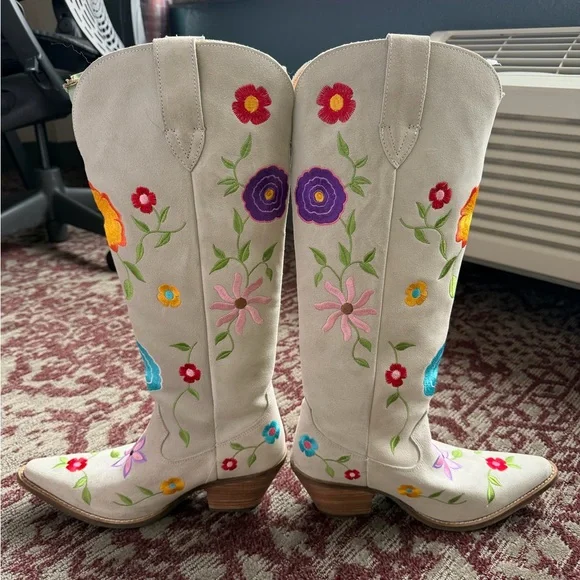 Viral Dan Post Ladies Flower Power White Suede Tall Western Boots DI277-WH Sz9 - Picture 9 of 12